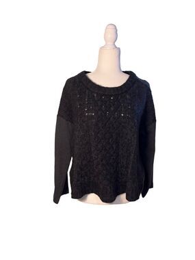 LOFT cotton and wool charcoal gray boxy cut sweater with open knit black front -